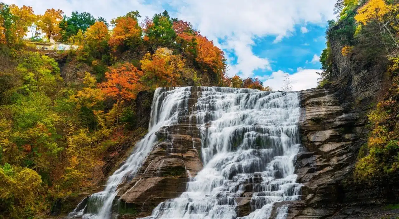 waterfall and autumn trees in the finger lakes