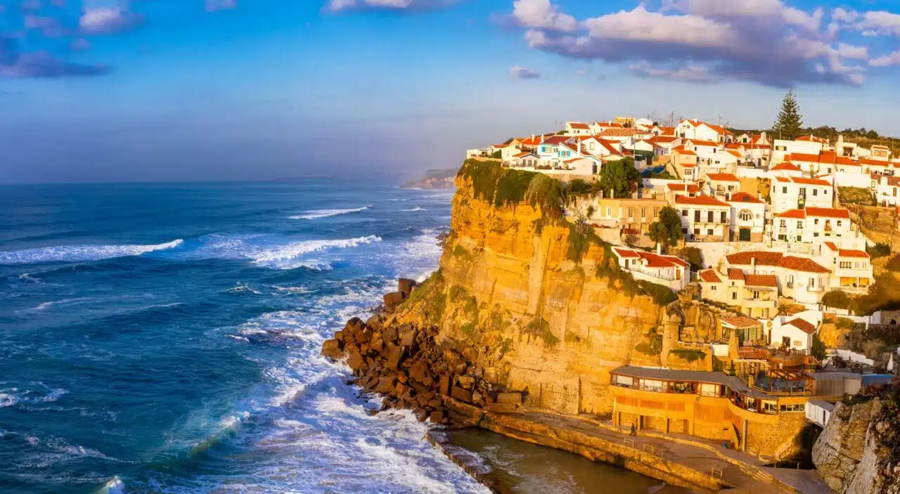 View of seaside village, Azenhas Do Mar, and Atlantic coast in Portugal