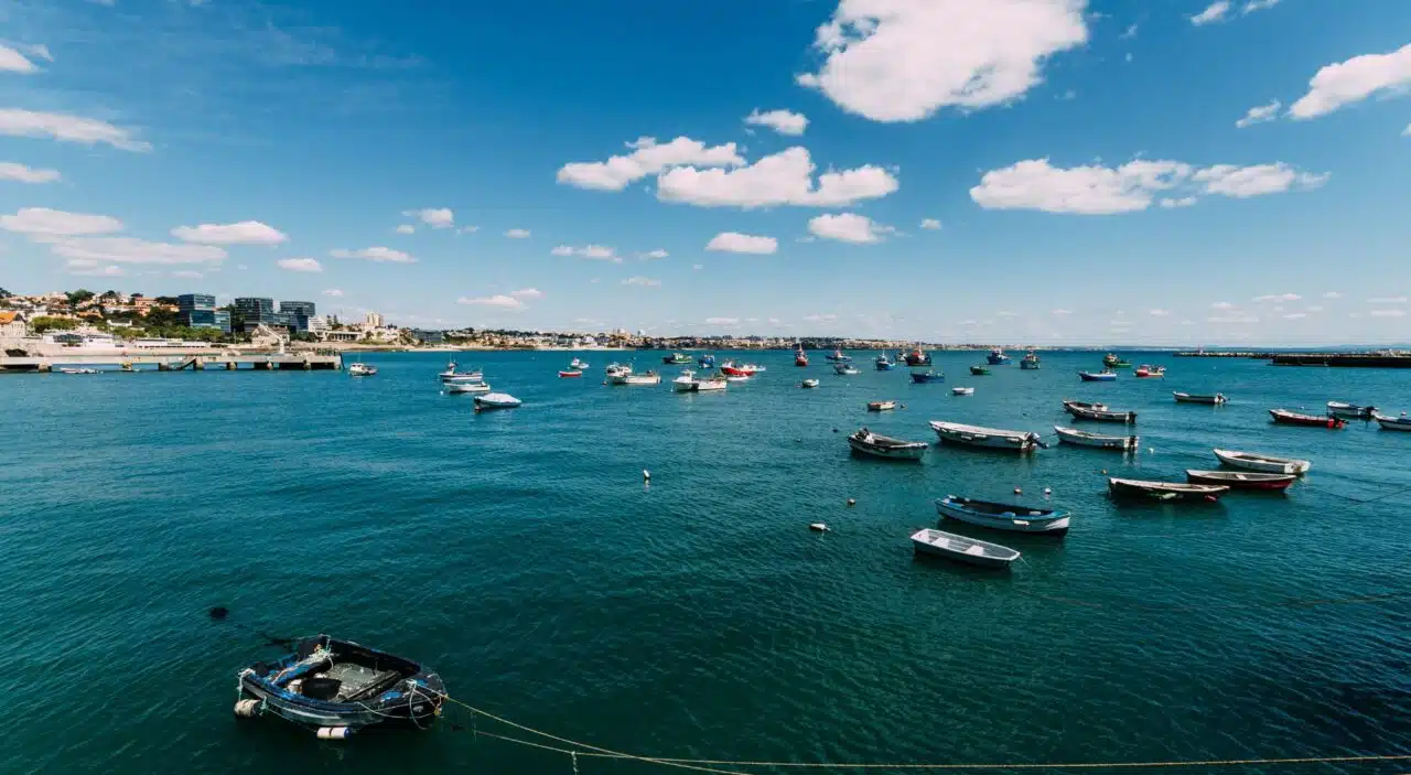 Seaside cityscape of Cascais city on a summer day